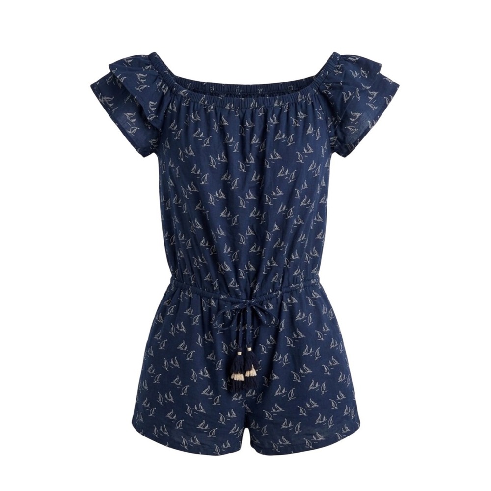 Vineyard Vines Navy Sailboat Print Off-Shoulder Romper